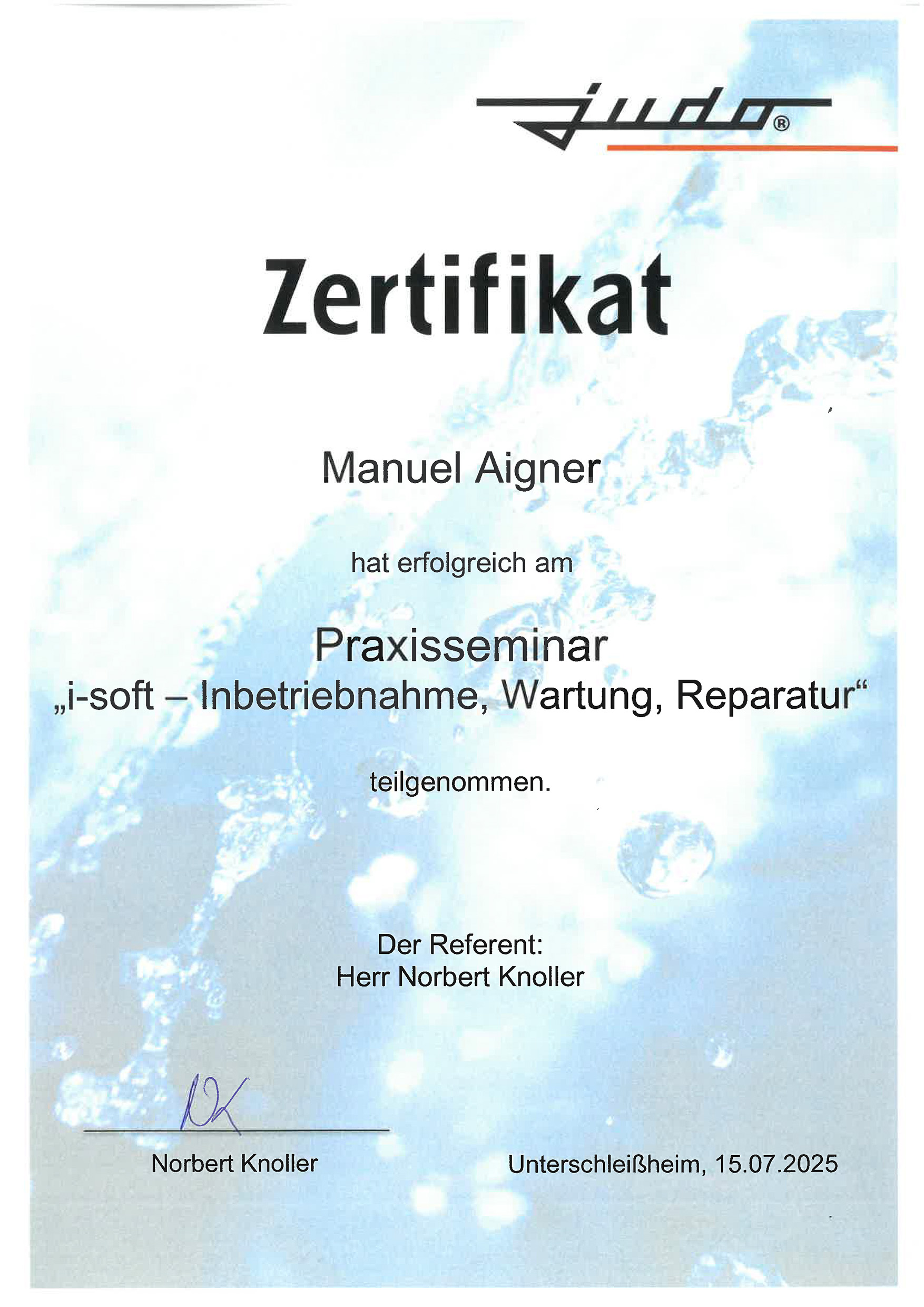 Zertifikat i-soft Inbetriebnahme, Wartung, Reparatur
